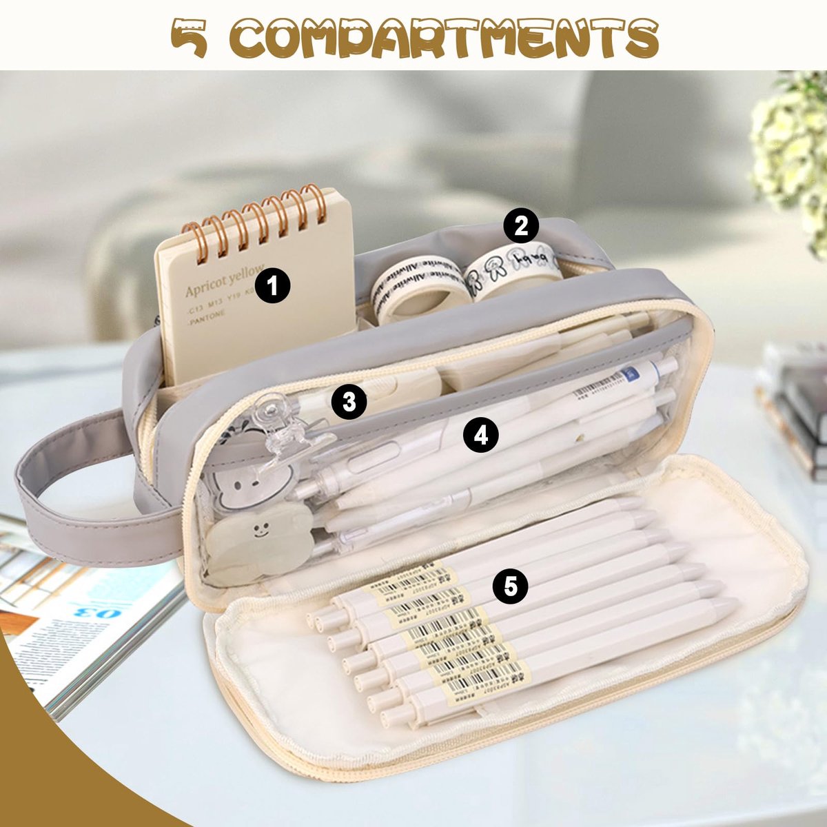 Pencil Case - Large Capacity - Waterproof and Expandable - Pencil Case for Boys and Girls - School Supplies - Suitable for Stationery, Makeup, Cosmetics, Travel, and Office Supplies - Beige
