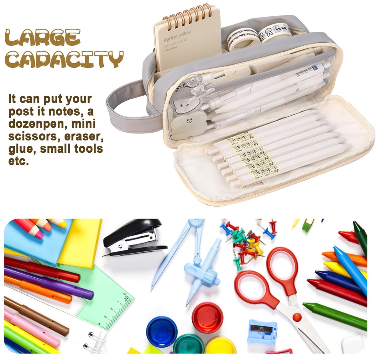Pencil Case - Large Capacity - Waterproof and Expandable - Pencil Case for Boys and Girls - School Supplies - Suitable for Stationery, Makeup, Cosmetics, Travel, and Office Supplies - Beige