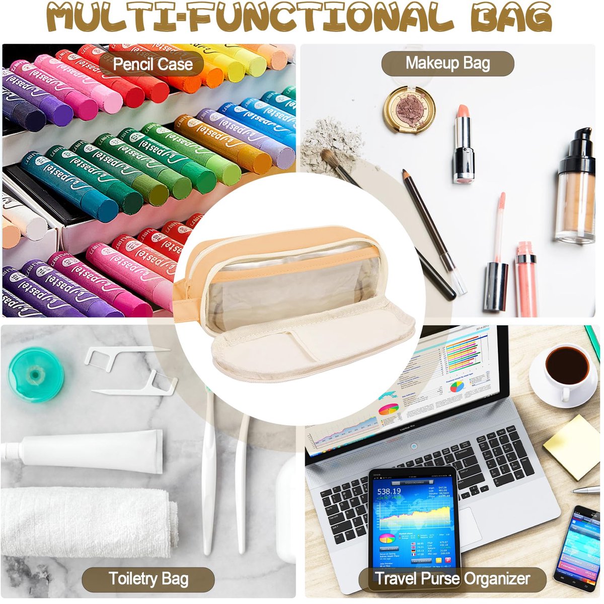 Pencil Case - Large Capacity - Waterproof and Expandable - Pencil Case for Boys and Girls - School Supplies - Suitable for Stationery, Makeup, Cosmetics, Travel and Office Supplies - Brown