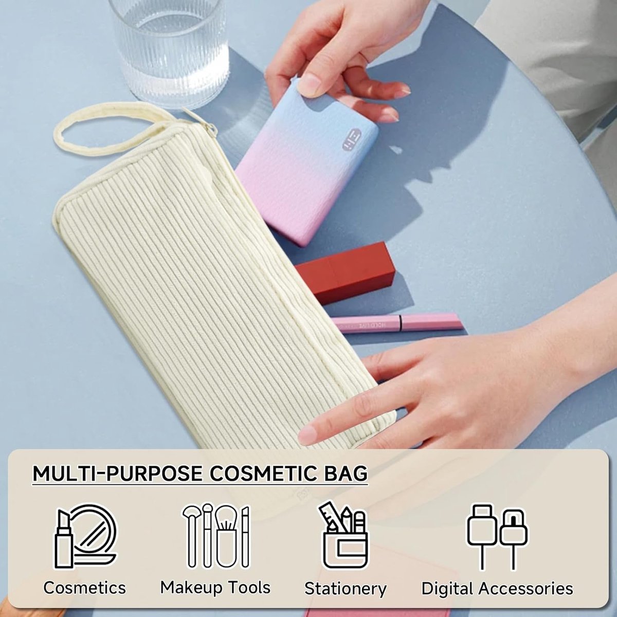 Corduroy Pencil Case - Pretty pencil case with a practical zipper - Makeup bag - Suitable for school-aged teenagers, boys and girls - white