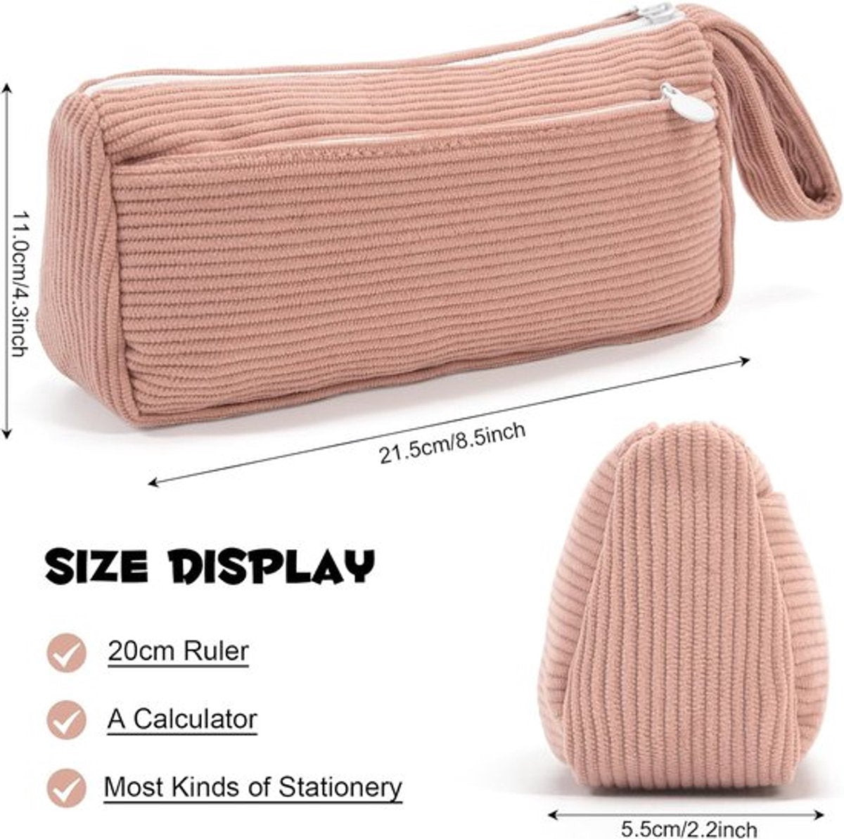 Corduroy Pencil Case - Pretty pencil case with a practical zipper - Makeup bag - Suitable for school-aged teenagers, boys and girls - white