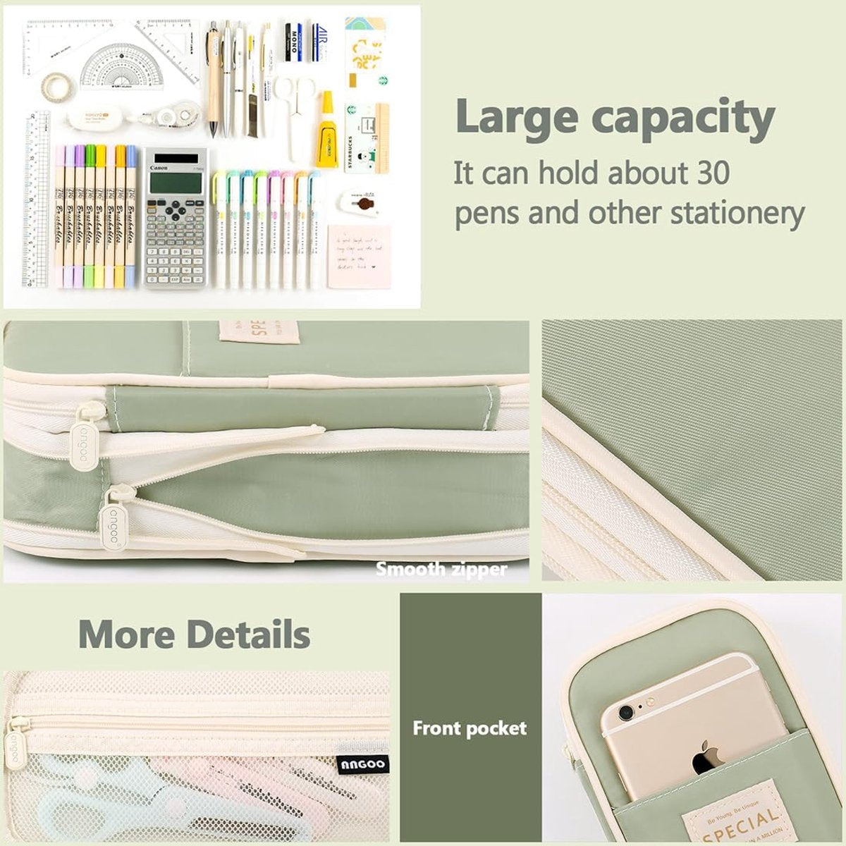 Large capacity pencil case, writing pencil case suitable for teenage girls, green, pencil case