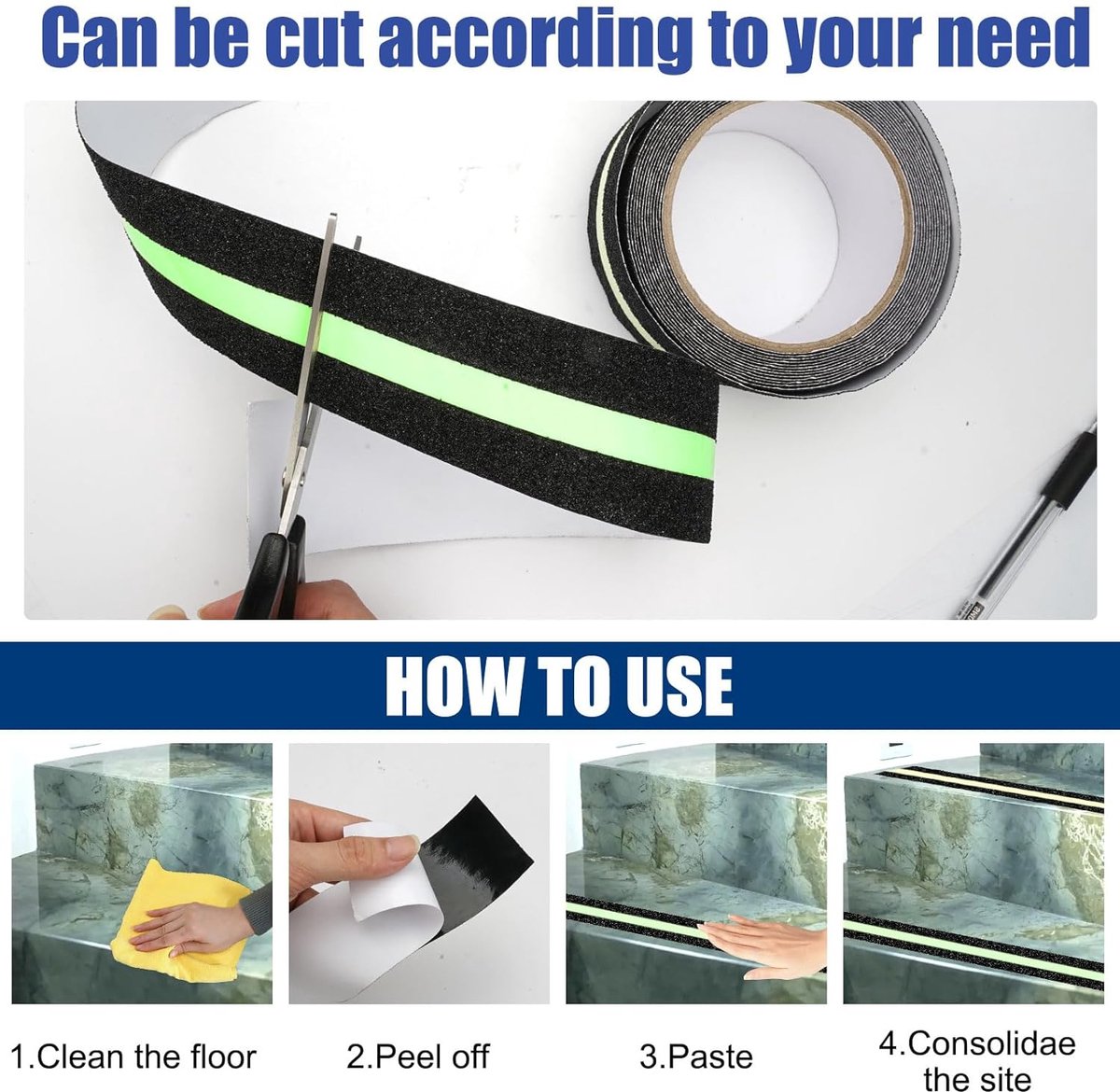 Anti-slip adhesive tape - 2 rolls - Safety tape - Stair tape - Anti-slip tape - For stepladders, ladders, and outdoor use - Glows in the dark - Black - 5 cm x 5 m