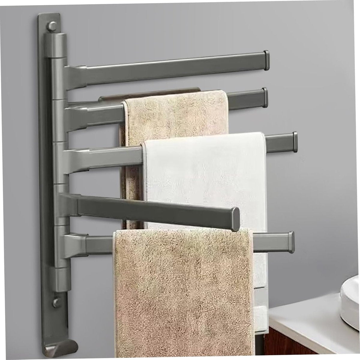 General towel rack - 5 arms - rotating - self-adhesive - no drilling required - bathroom accessory - black