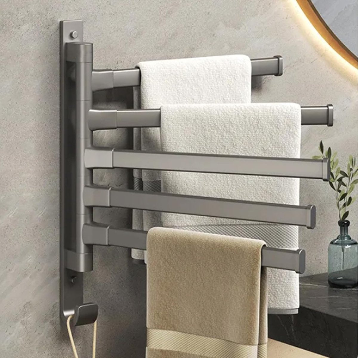 General towel rack - 5 arms - rotating - self-adhesive - no drilling required - bathroom accessory - black