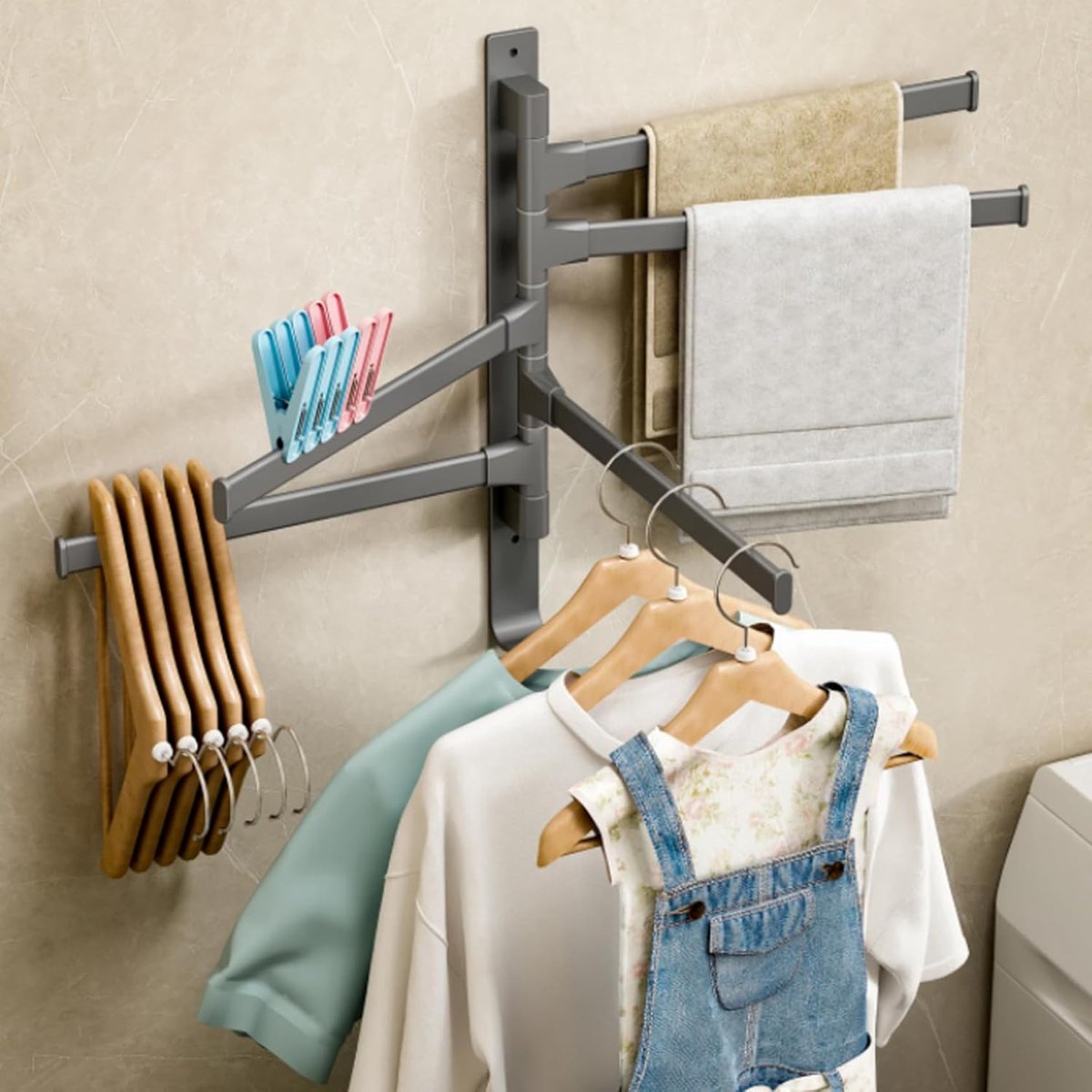 General towel rack - 5 arms - rotating - self-adhesive - no drilling required - bathroom accessory - black