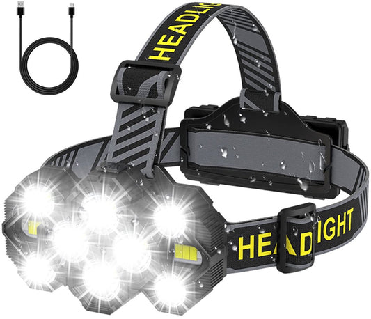 Headlamp - Rechargeable LED Headlamp - 10 LEDs - Extra powerful - 1000 lumens - 150-meter beam distance - Adjustable