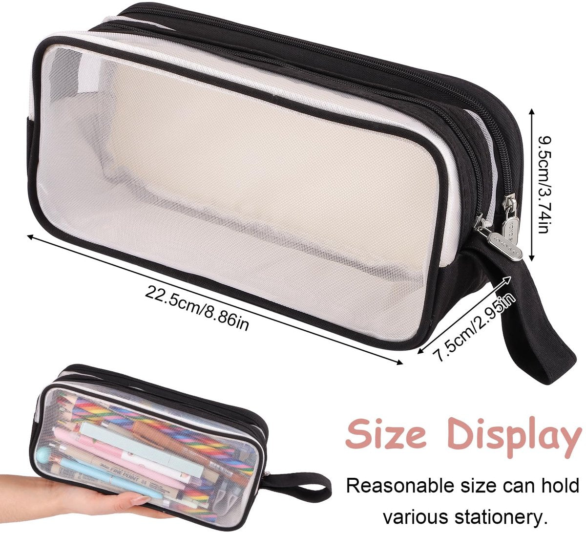Large capacity transparent pencil case with compartments - 22.5 x 7.5 x 9.5 cm - For School, Boys, Girls and Adults