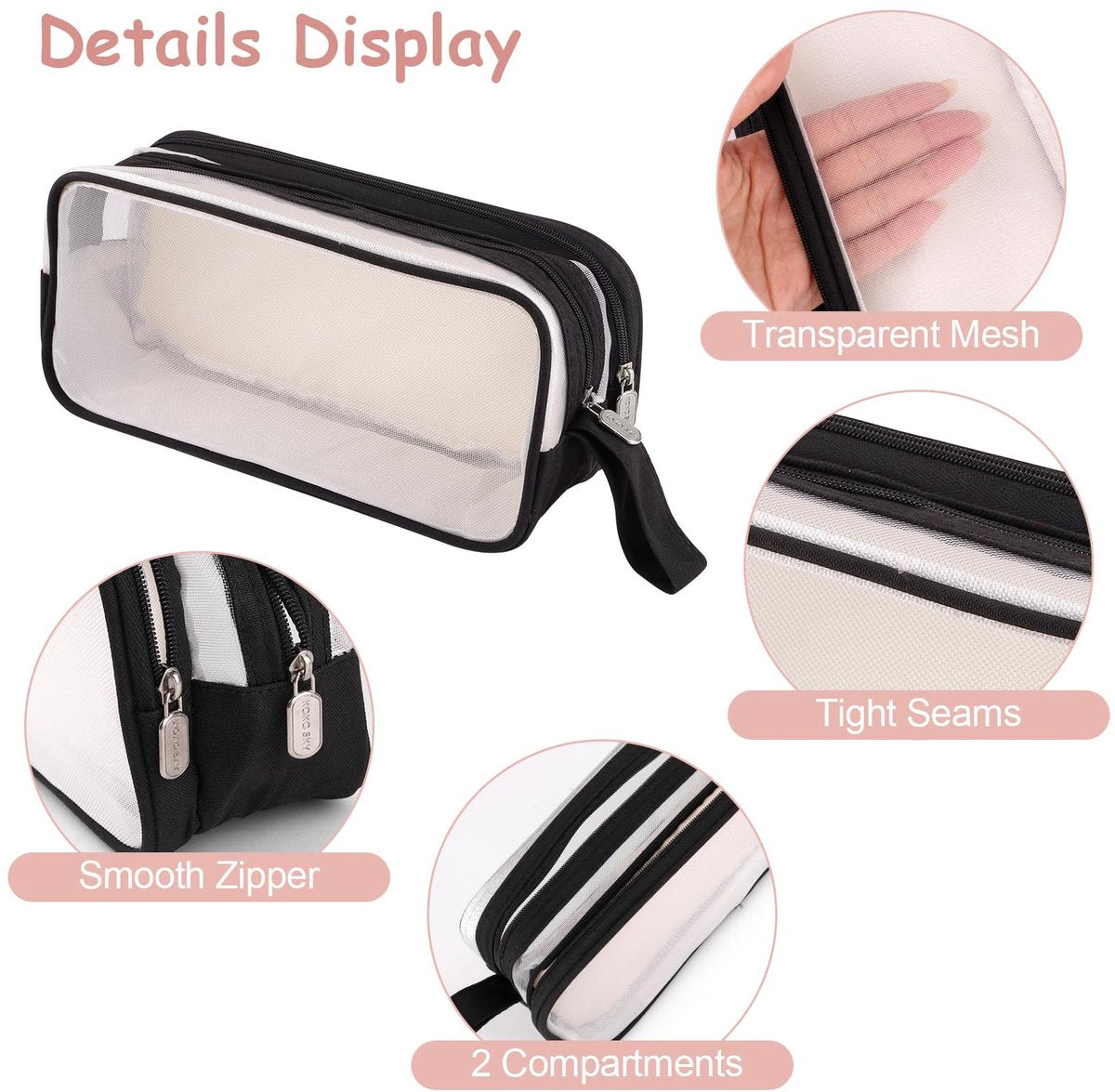 Large capacity transparent pencil case with compartments - 22.5 x 7.5 x 9.5 cm - For School, Boys, Girls and Adults