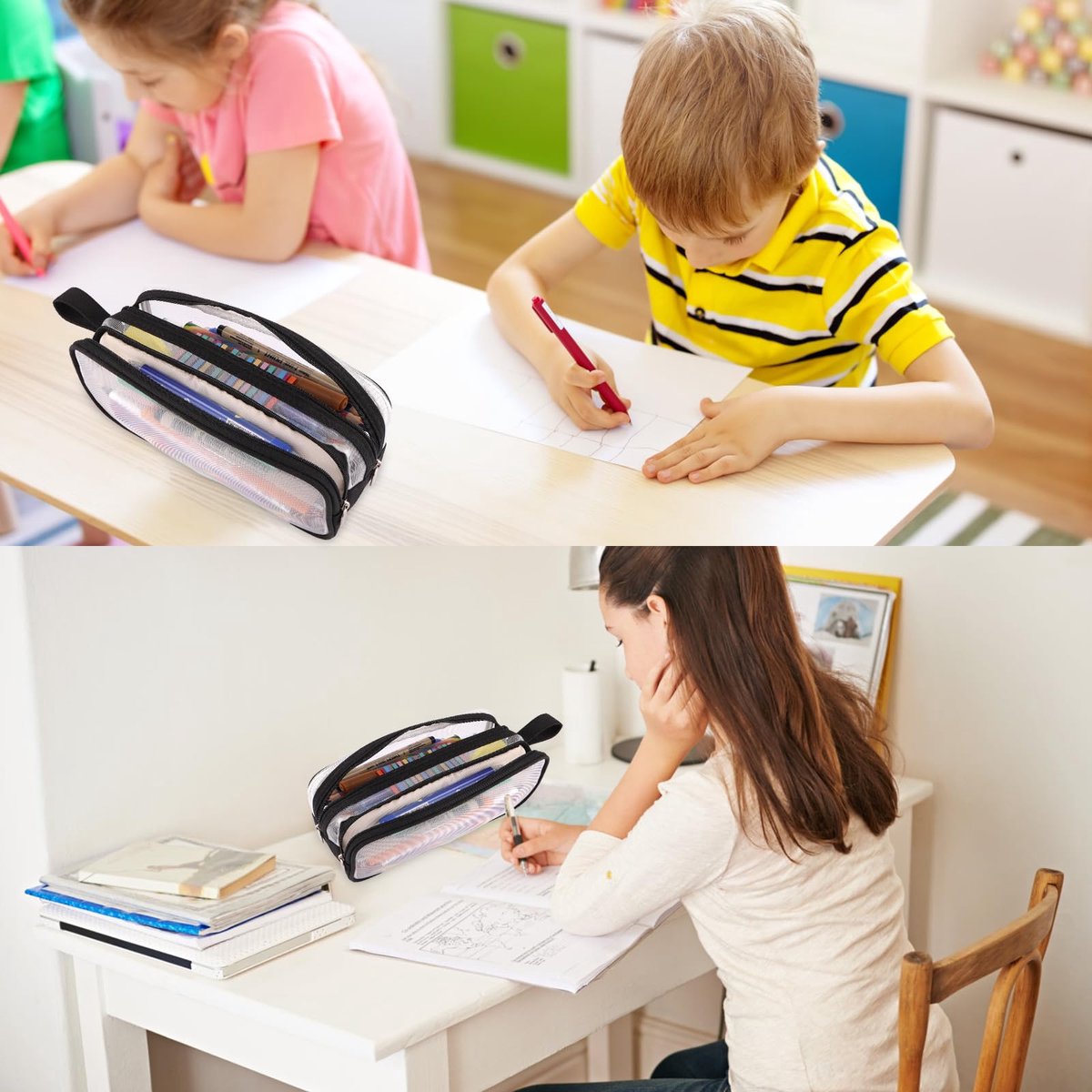 Large capacity transparent pencil case with compartments - 22.5 x 7.5 x 9.5 cm - For School, Boys, Girls and Adults