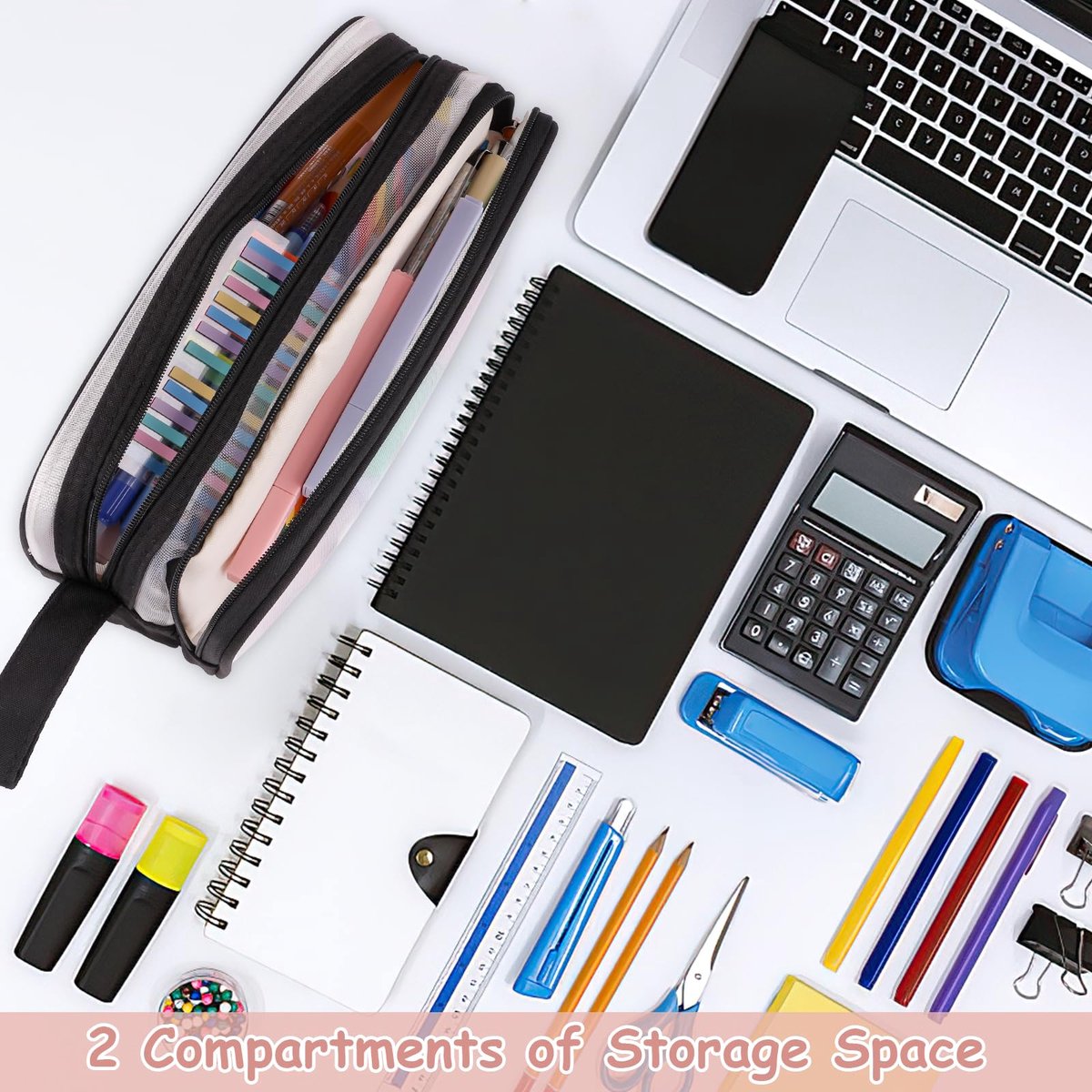 Large capacity transparent pencil case with compartments - 22.5 x 7.5 x 9.5 cm - For School, Boys, Girls and Adults