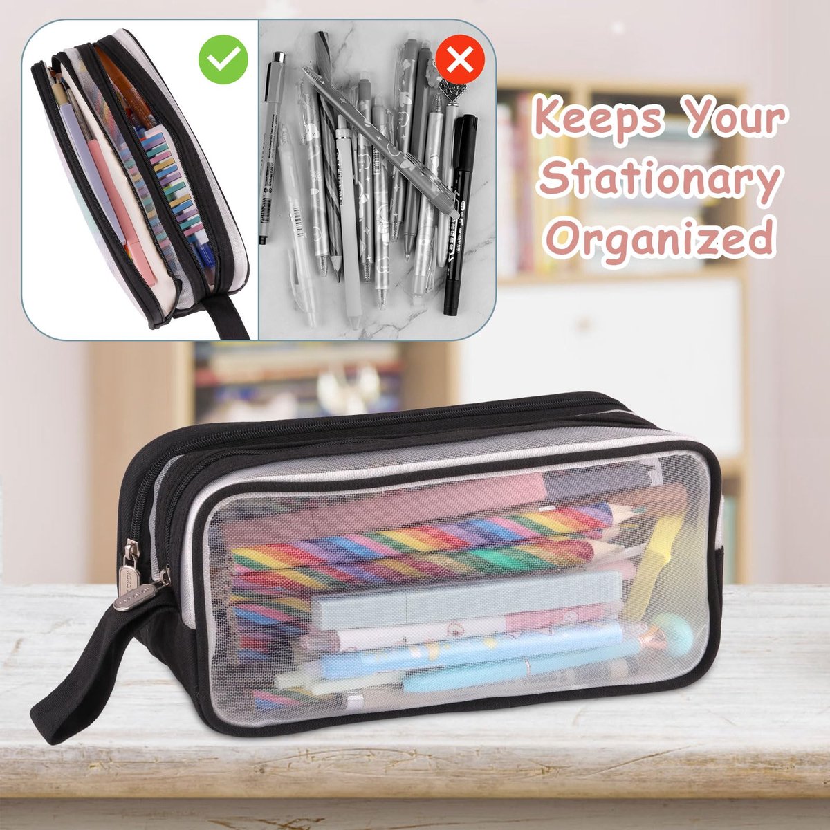 Large capacity transparent pencil case with compartments - 22.5 x 7.5 x 9.5 cm - For School, Boys, Girls and Adults