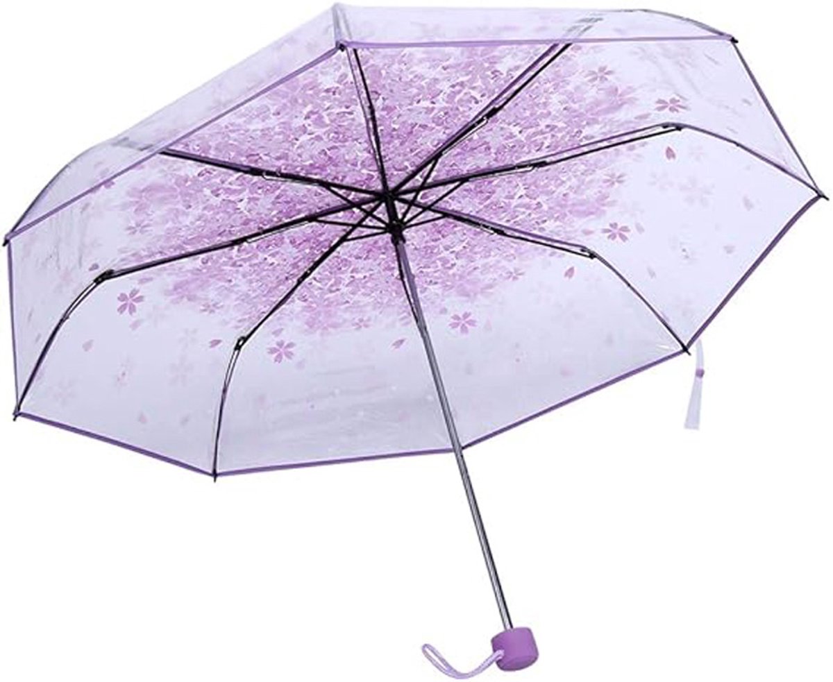 Transparent plastic folding umbrella - Purple Sakura design - Transparent floral travel umbrella, windproof, for outdoor use - Suitable for adults, children, girls, and women