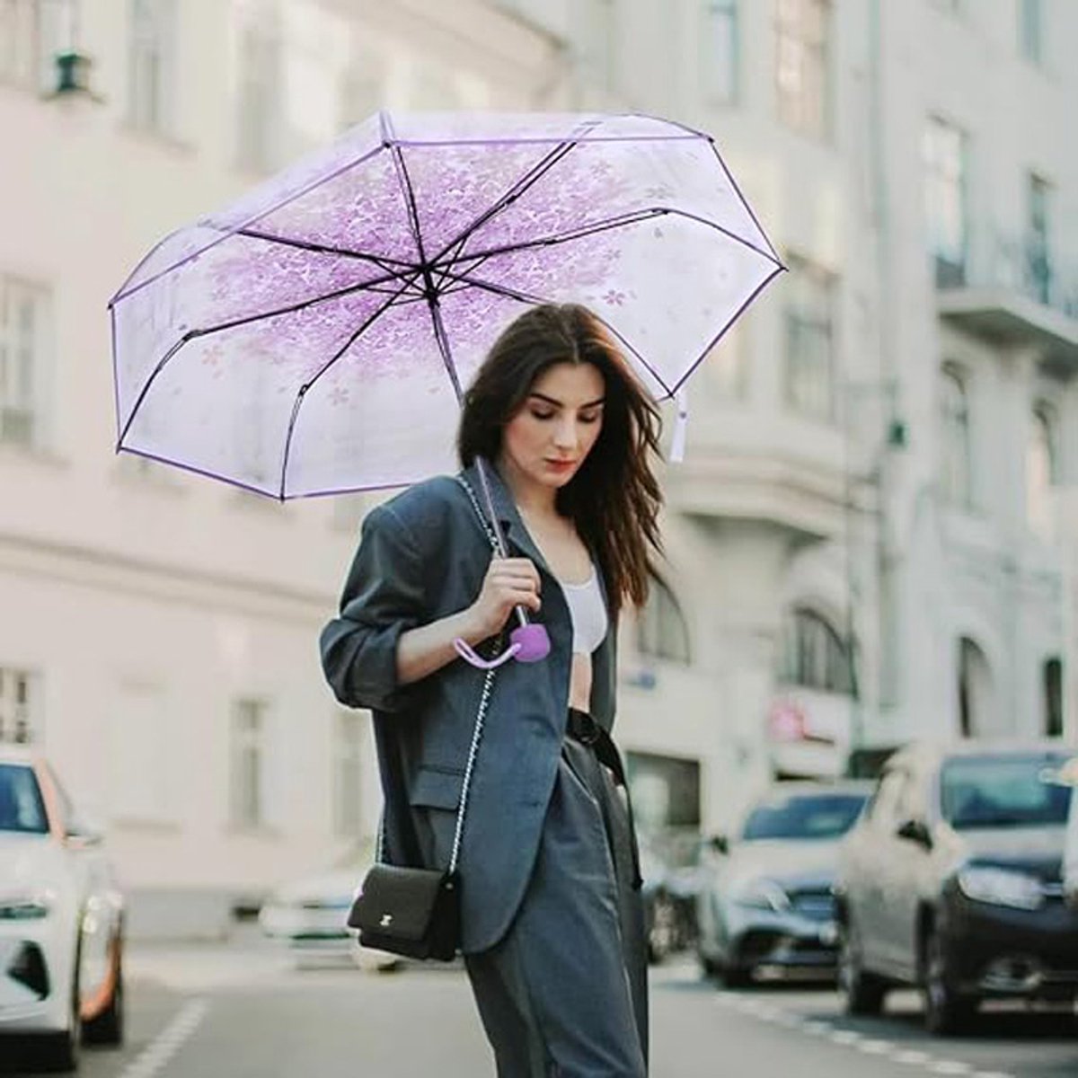 Transparent plastic folding umbrella - Purple Sakura design - Transparent floral travel umbrella, windproof, for outdoor use - Suitable for adults, children, girls, and women