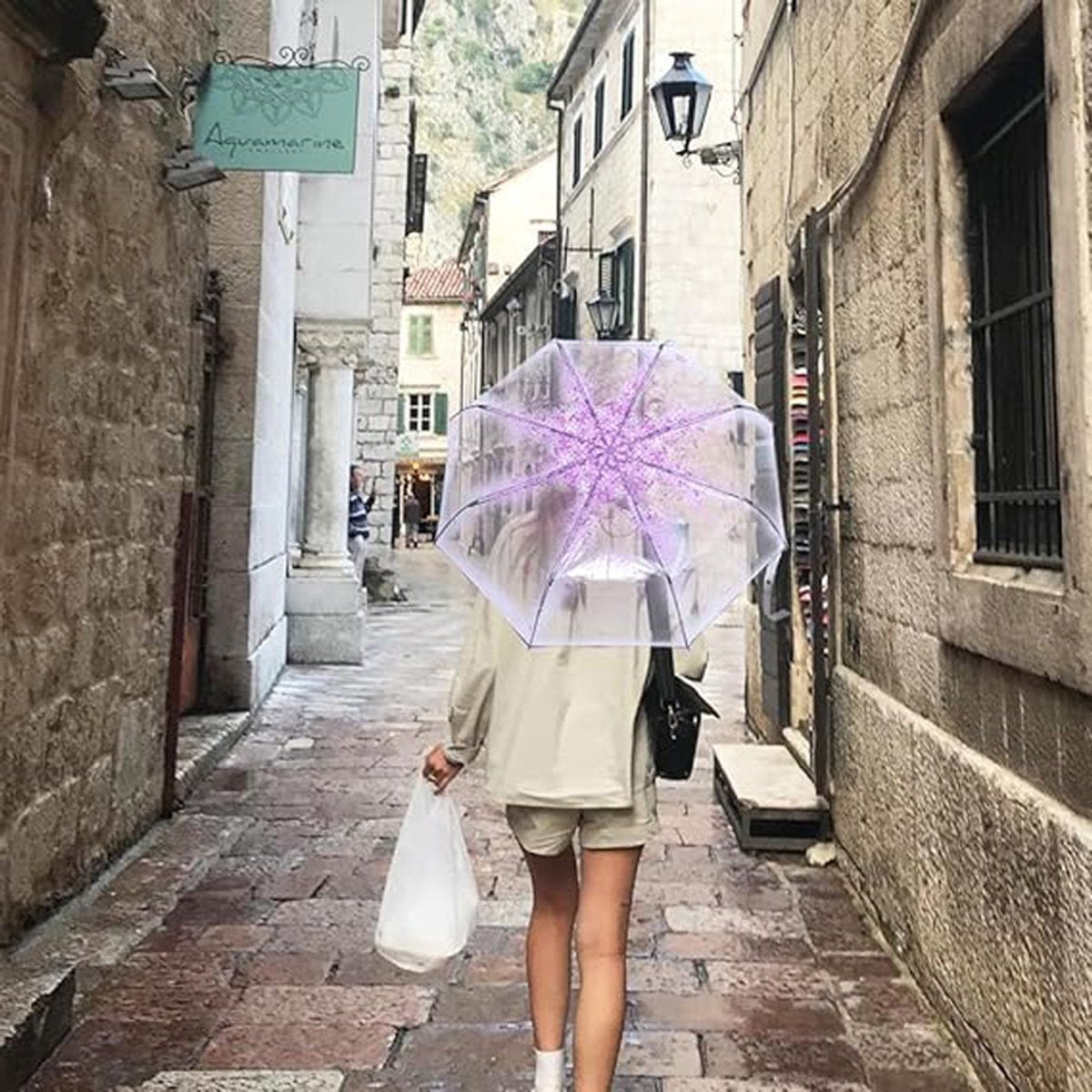 Transparent plastic folding umbrella - Purple Sakura design - Transparent floral travel umbrella, windproof, for outdoor use - Suitable for adults, children, girls, and women