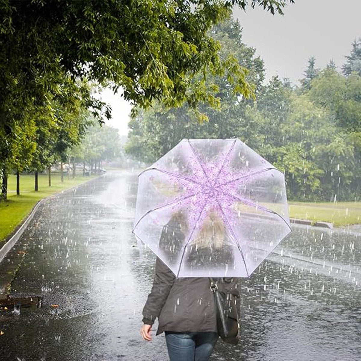 Transparent plastic folding umbrella - Purple Sakura design - Transparent floral travel umbrella, windproof, for outdoor use - Suitable for adults, children, girls, and women