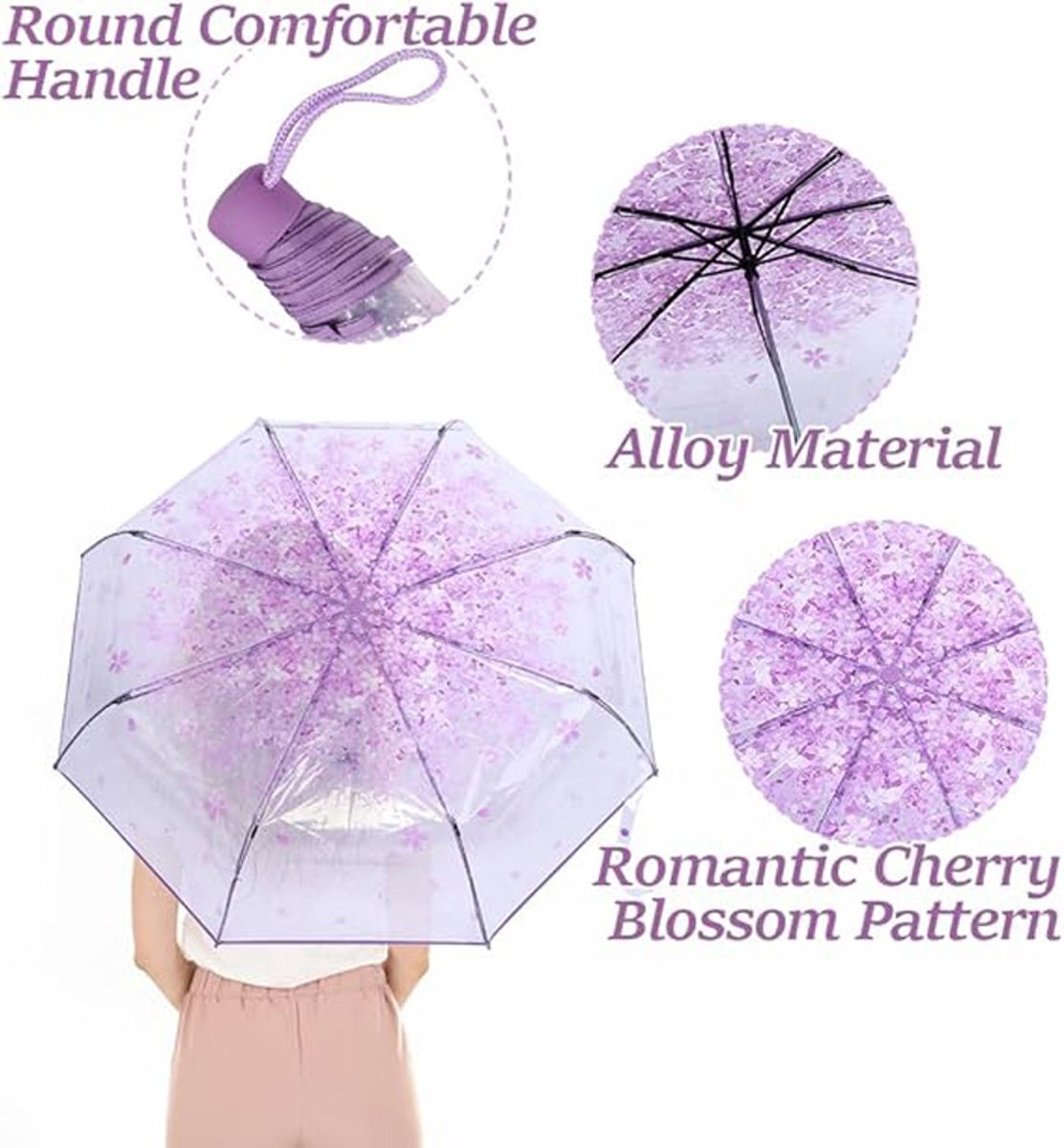 Transparent plastic folding umbrella - Purple Sakura design - Transparent floral travel umbrella, windproof, for outdoor use - Suitable for adults, children, girls, and women
