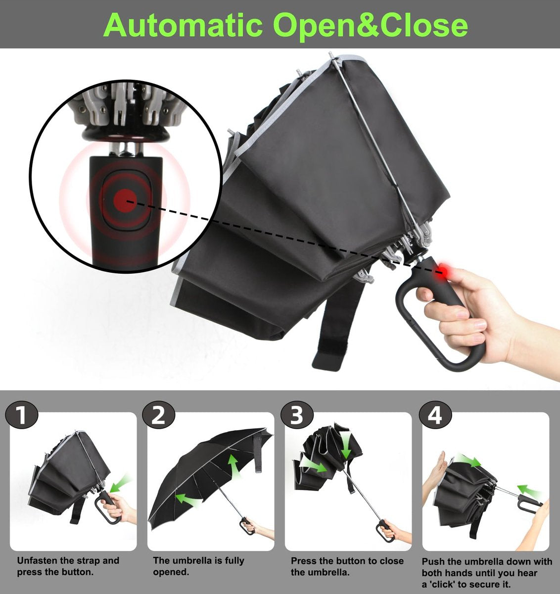 Folding storm umbrella - Parasol - Umbrella - Automatically extends - Sturdy and waterproof travel umbrella - Durable 10-rib frame - Reflective - Umbrellas