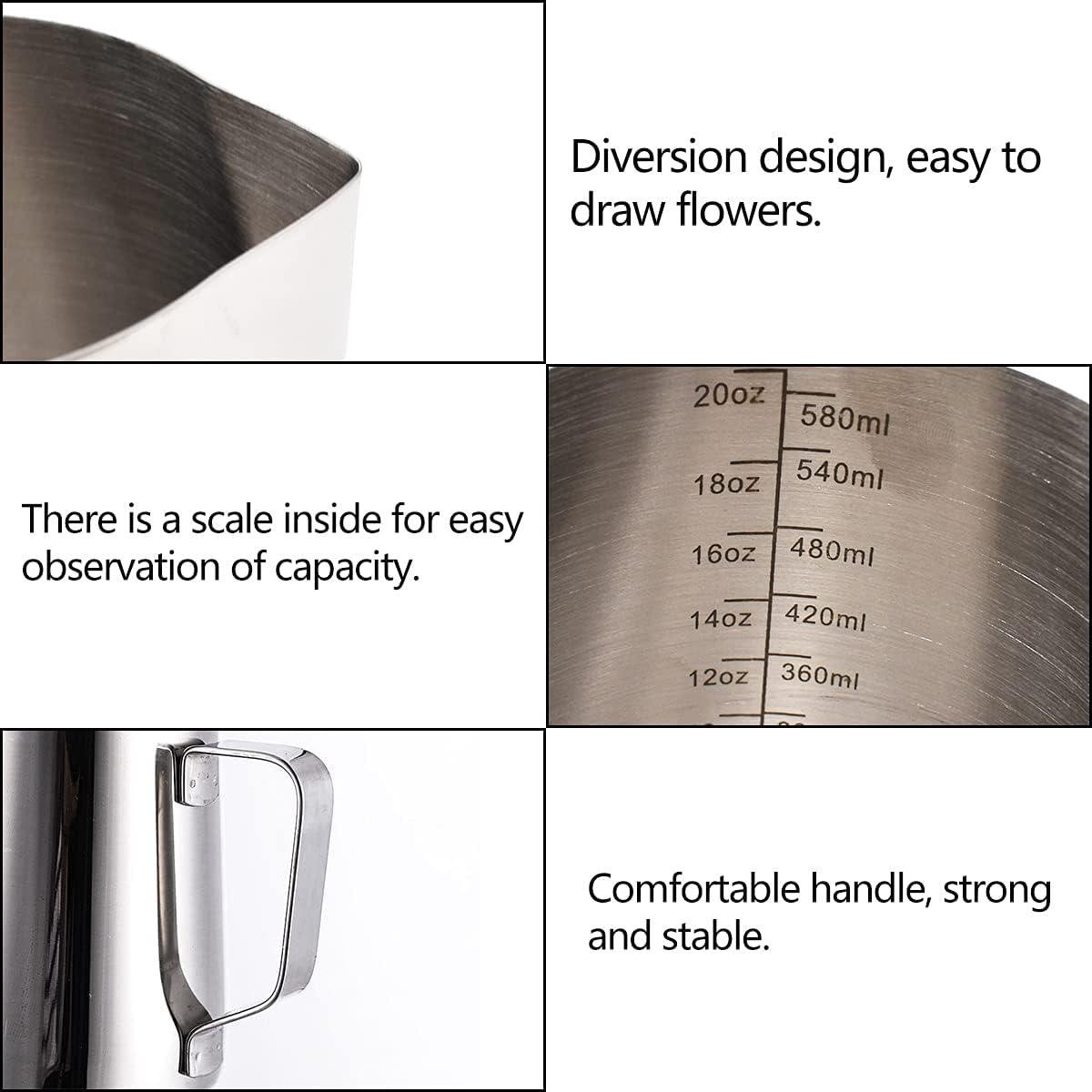 Stainless steel milk jug, 2 pieces, frothers, pitchers, 350 ml, 600 ml, stainless steel milk jug, milk, frothing pitcher, box with 2 barista pens, measuring marks for