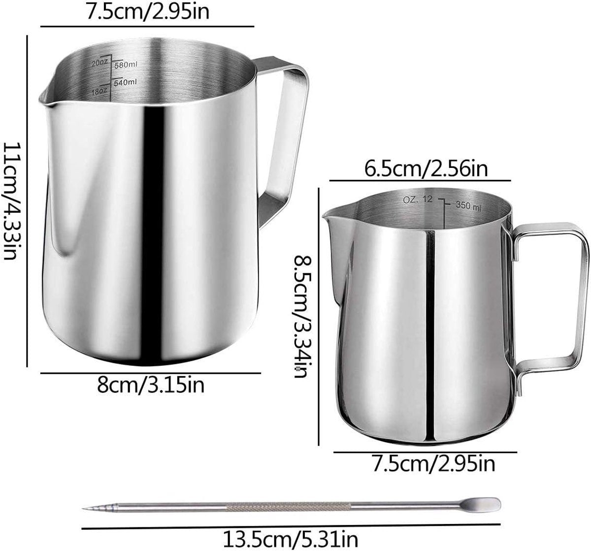 Stainless steel milk jug, 2 pieces, frothers, pitchers, 350 ml, 600 ml, stainless steel milk jug, milk, frothing pitcher, box with 2 barista pens, measuring marks for