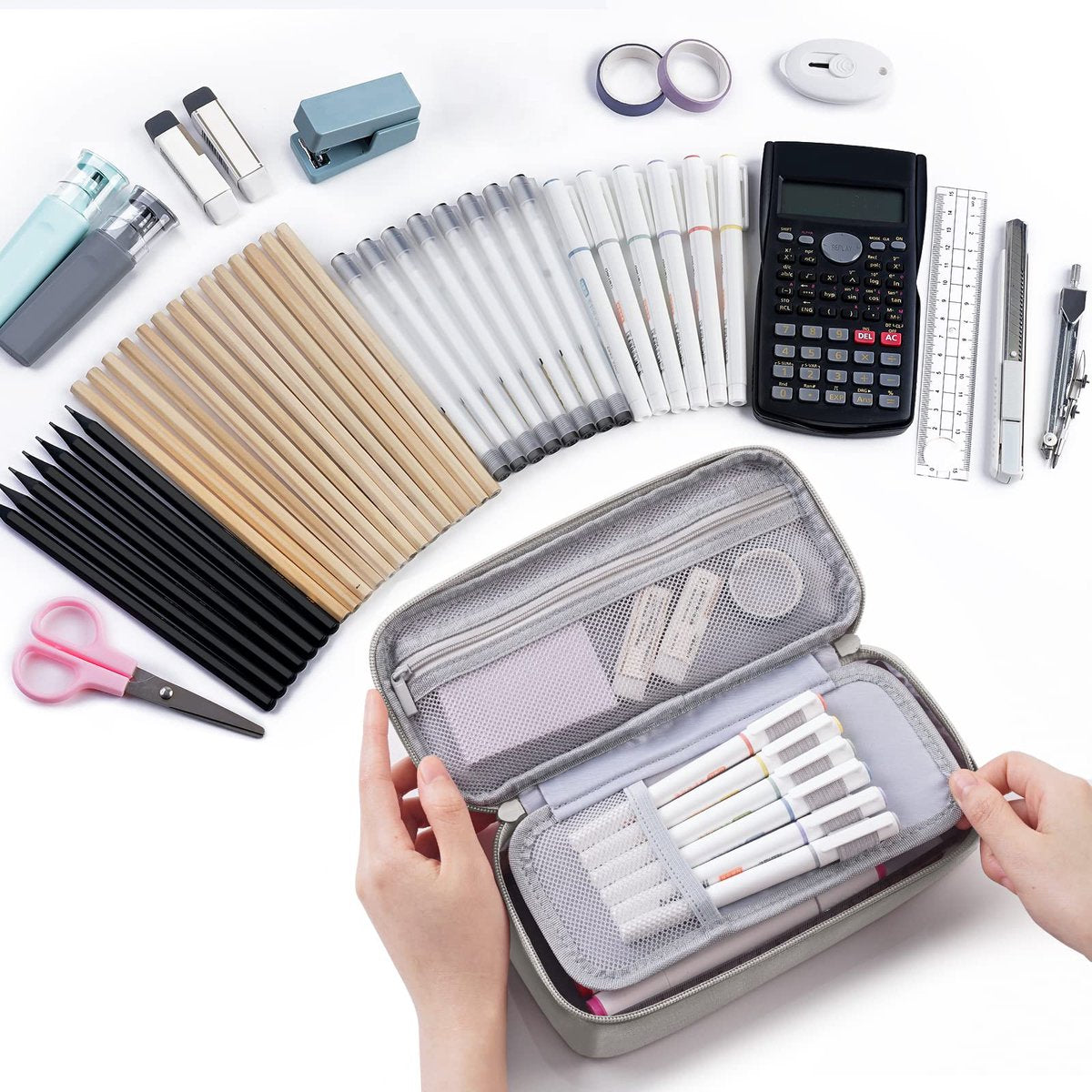 Large capacity pencil case, storage case, high-value, large capacity pencil case, stationery storage, makeup bag, office supplies, gray