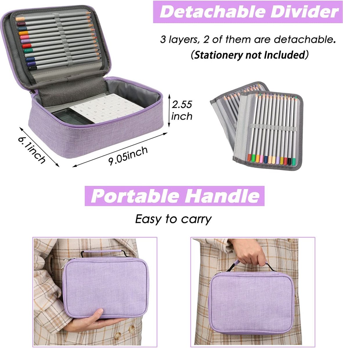 AMGOMH 72-slot pencil case, large capacity, student stationery, colored pencils, with inner pocket for small gadgets (purple)