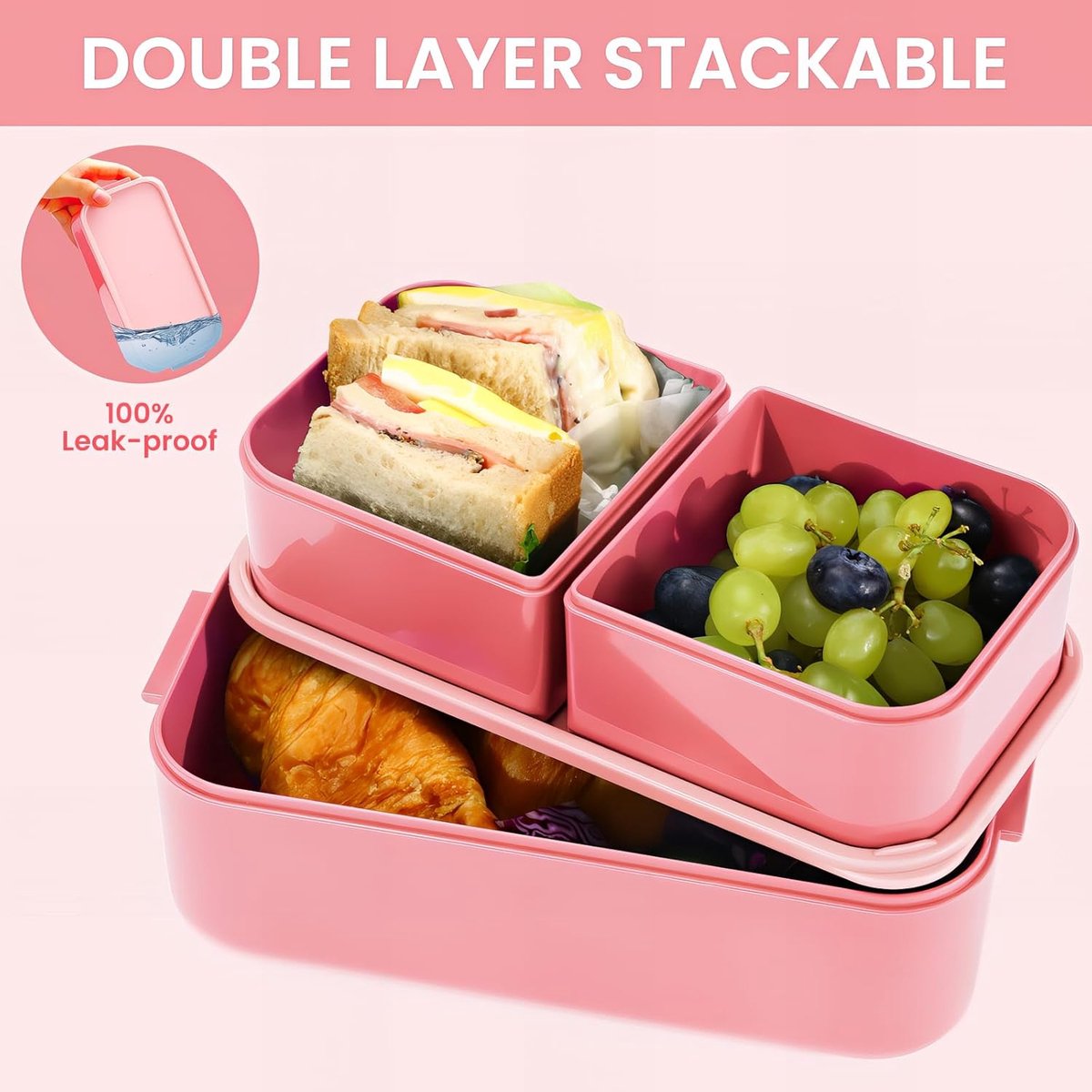 Children's bento box with compartments, 1300 ml, 2-in-1 3-compartment bento box, leakproof, for adults, for breakfast, BPA-free, pink