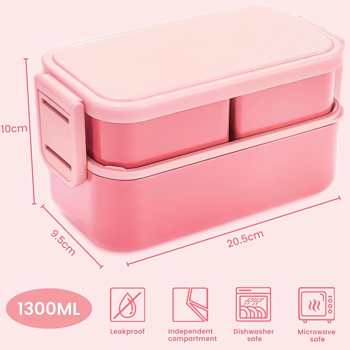 Children's bento box with compartments, 1300 ml, 2-in-1 3-compartment bento box, leakproof, for adults, for breakfast, BPA-free, pink
