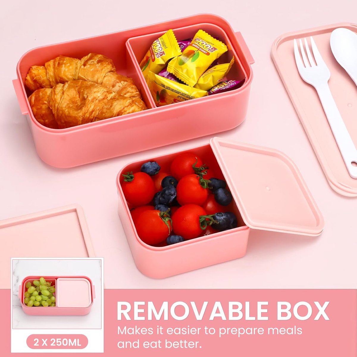 Children's bento box with compartments, 1300 ml, 2-in-1 3-compartment bento box, leakproof, for adults, for breakfast, BPA-free, pink