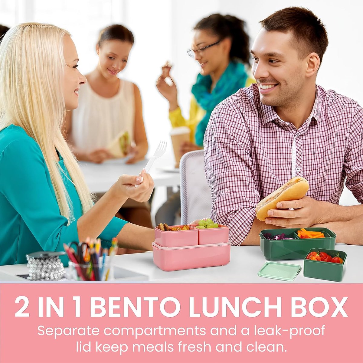 Children's bento box with compartments, 1300 ml, 2-in-1 3-compartment bento box, leakproof, for adults, for breakfast, BPA-free, pink