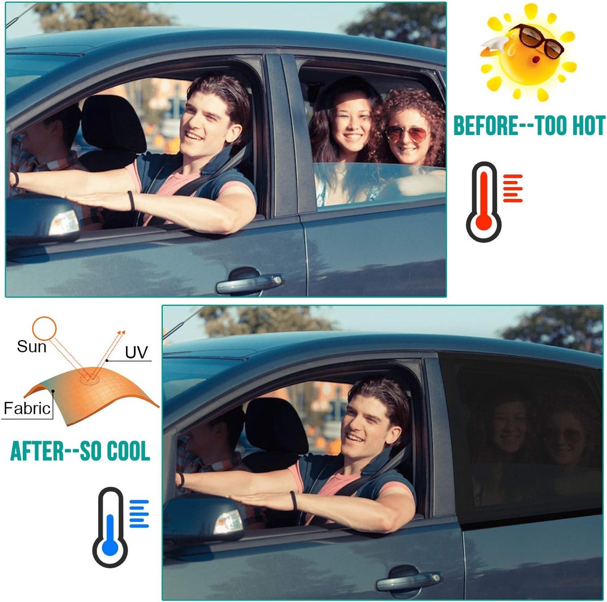 Car accessories - Car sunshades - Car sunshades - Windshield sunshades - Set of 2 car sunshades - Blocks UV rays and protects your car from sun exposure - Suitable for the rear window of the car (black)