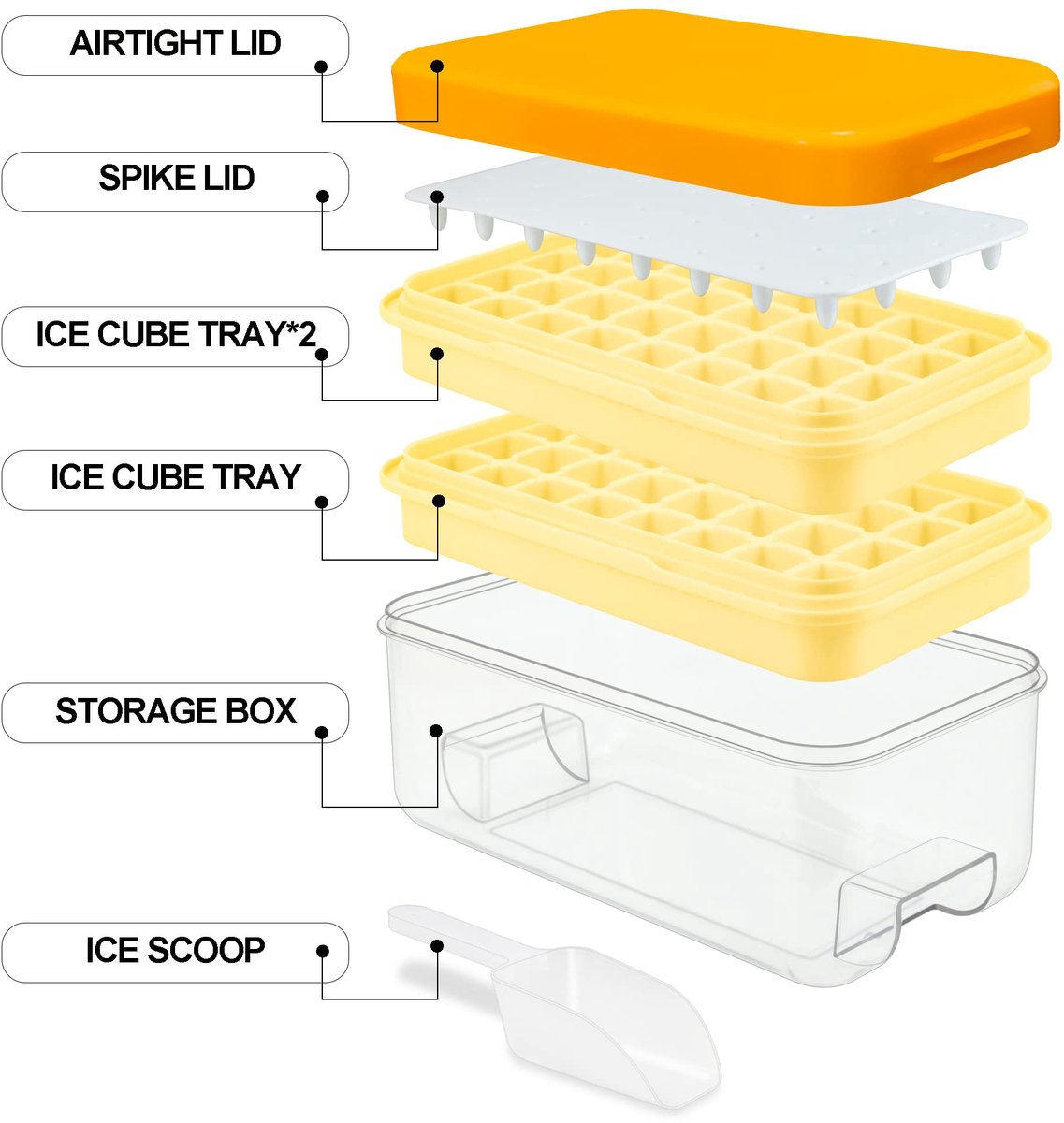 Frozen Ice Cube Tray - Food-Grade Ice Cube Tray with Lid - Ice Cube Tray - 2 Layers, Yellow - Releases all ice cubes in one second - Ice Cube Tray