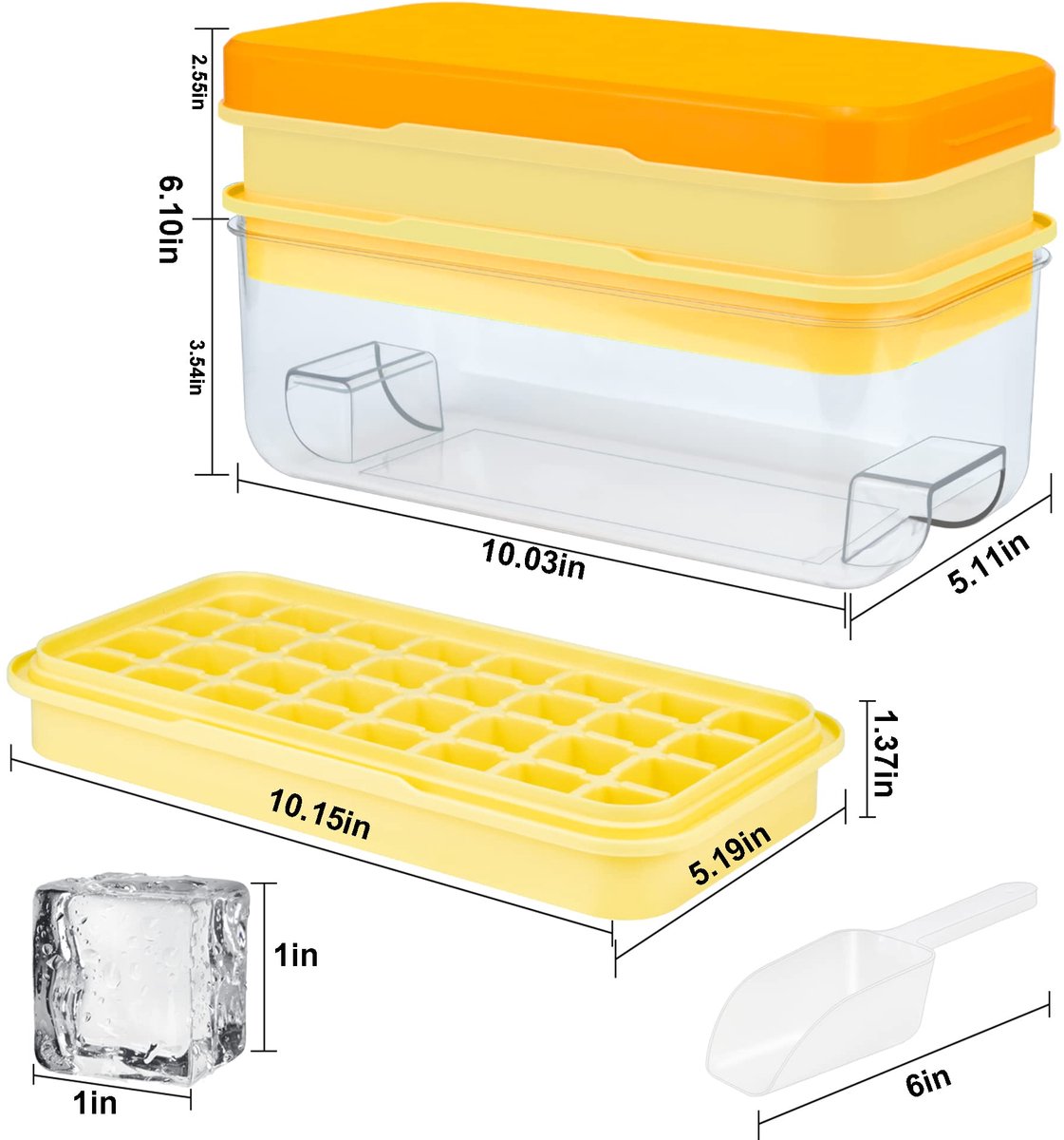 Frozen Ice Cube Tray - Food-Grade Ice Cube Tray with Lid - Ice Cube Tray - 2 Layers, Yellow - Releases all ice cubes in one second - Ice Cube Tray