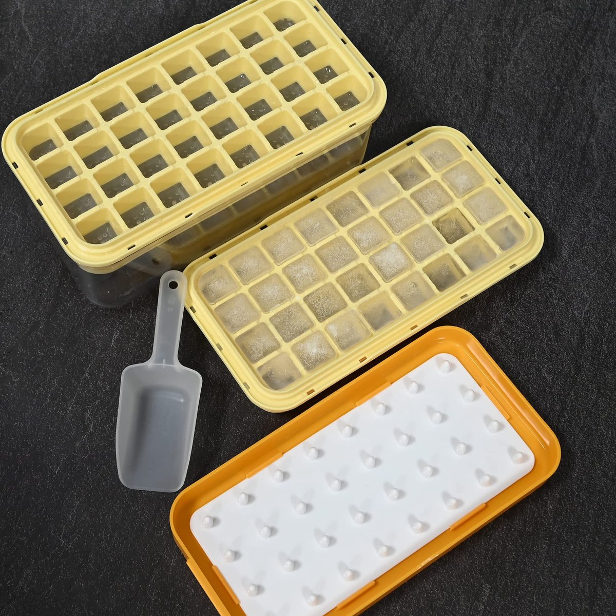 Frozen Ice Cube Tray - Food-Grade Ice Cube Tray with Lid - Ice Cube Tray - 2 Layers, Yellow - Releases all ice cubes in one second - Ice Cube Tray