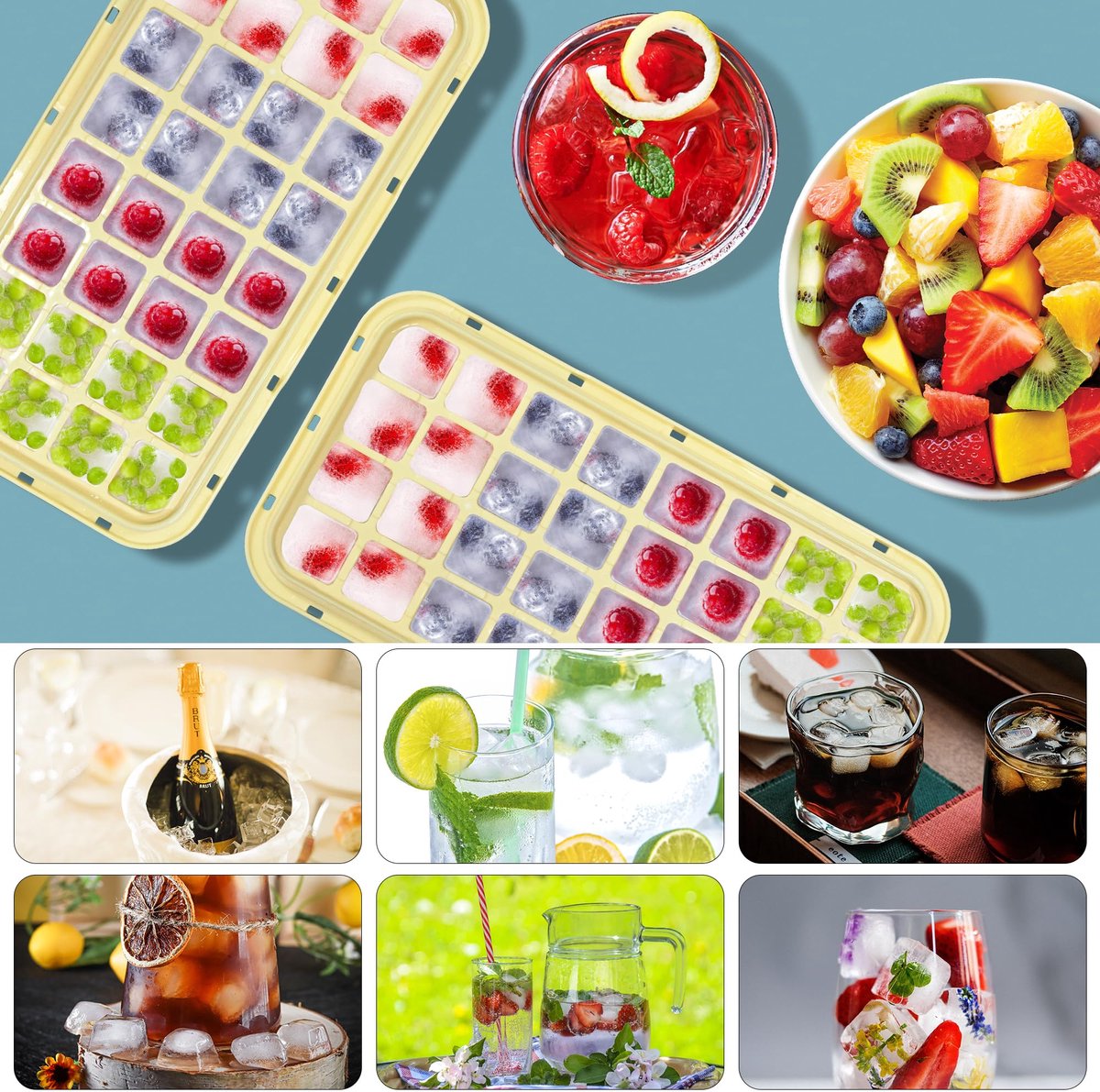 Frozen Ice Cube Tray - Food-Grade Ice Cube Tray with Lid - Ice Cube Tray - 2 Layers, Yellow - Releases all ice cubes in one second - Ice Cube Tray