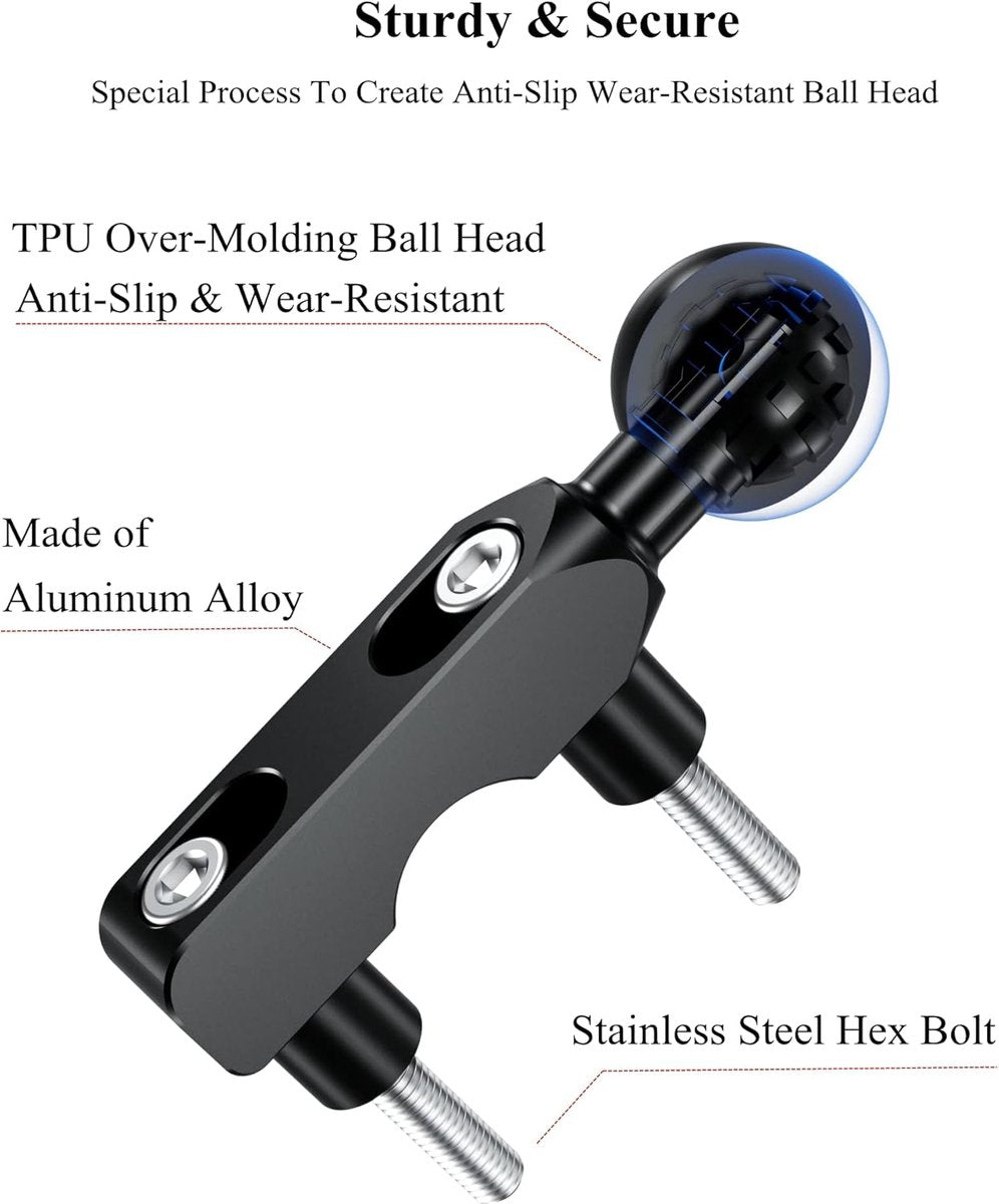 Aluminum alloy mounting base - with 1" TPU ball - for motorcycle brake/clutch reservoirs - compatible with dual mounting arms with 1" ball, size B mounting - black