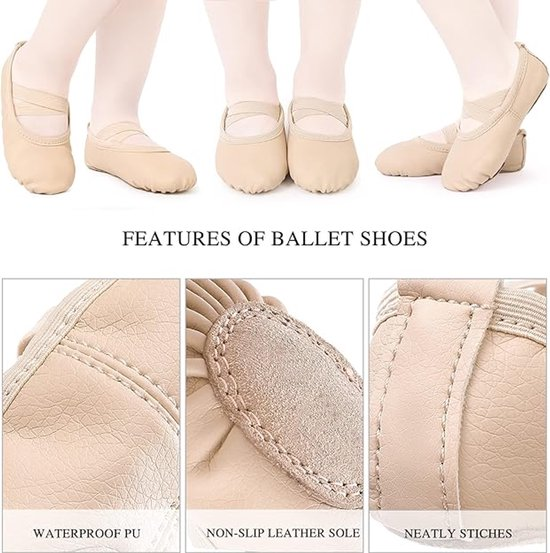 Women's Ballet Shoes – Ballet Shoes for Girls – Beige – Soft PU Leather Dance Shoes with Non-Slip Sole – Suitable for Ballet, Yoga & Home Use – For 3 UK