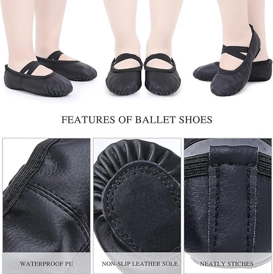 Women's Ballet Shoes – Ballet Shoes for Girls – Black – Soft PU Leather Dance Shoes with Non-Slip Sole – Suitable for Ballet, Yoga & Home Use – For 8 UK Child