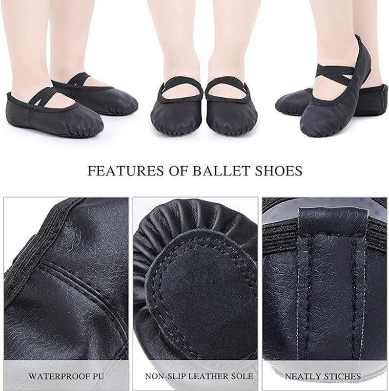 Women's Ballet Shoes – Ballet Shoes for Girls – Black – Soft PU Leather Dance Shoes with Non-Slip Sole – Suitable for Ballet, Yoga & Home Use – For 3 UK