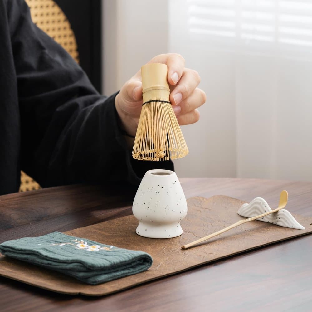 7-Piece Ceramic Matcha Tea Set with Bowl Whisk and Accessories, White