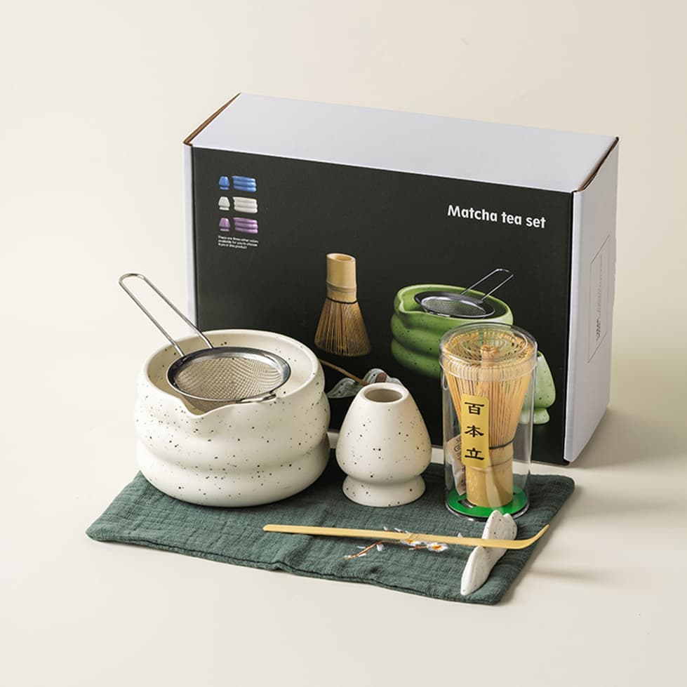 7-Piece Ceramic Matcha Tea Set with Bowl Whisk and Accessories, White