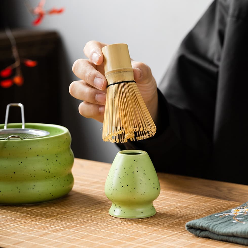 7-Piece Ceramic Matcha Tea Set with Bowl Whisk and Accessories, Green