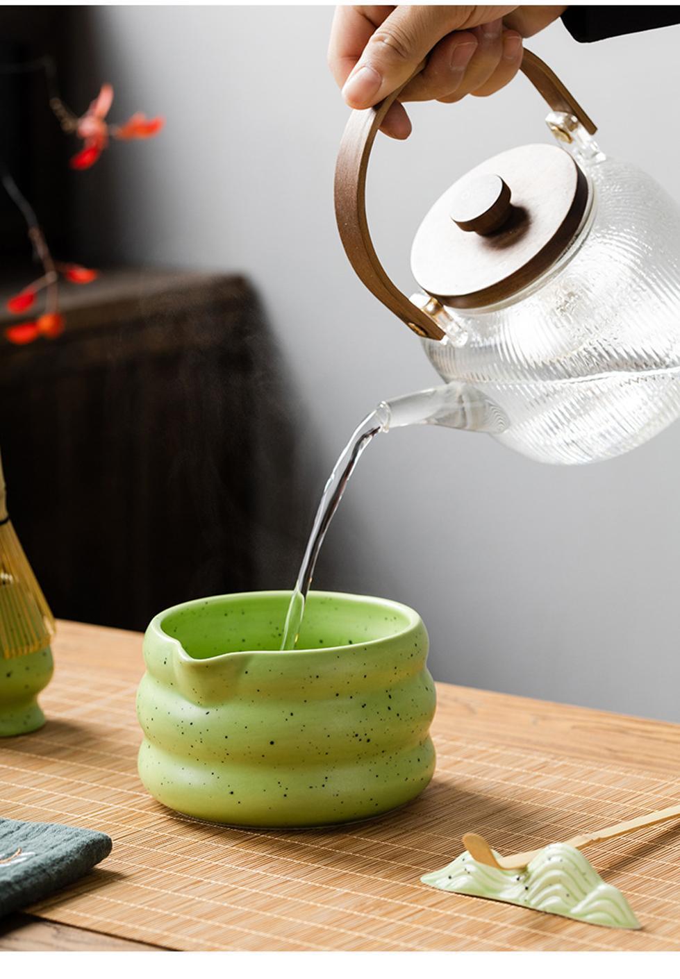 7-Piece Ceramic Matcha Tea Set with Bowl Whisk and Accessories, Green