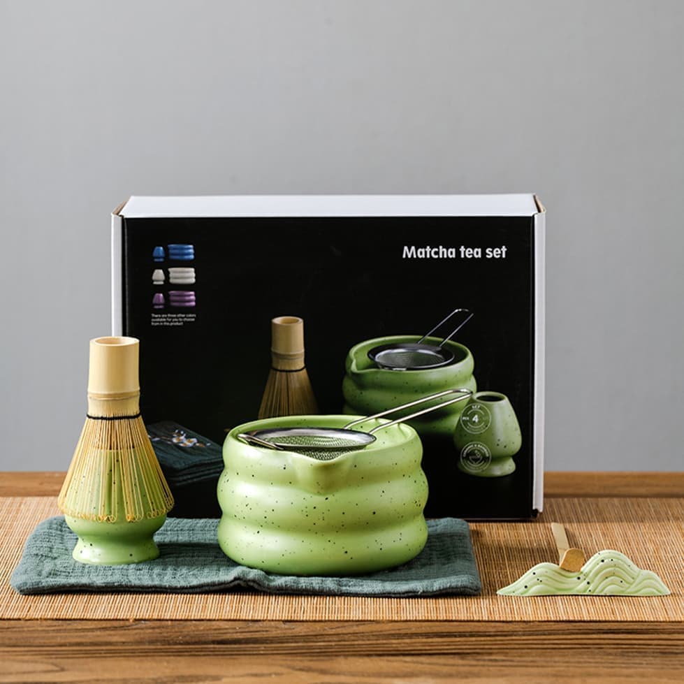 7-Piece Ceramic Matcha Tea Set with Bowl Whisk and Accessories, Green