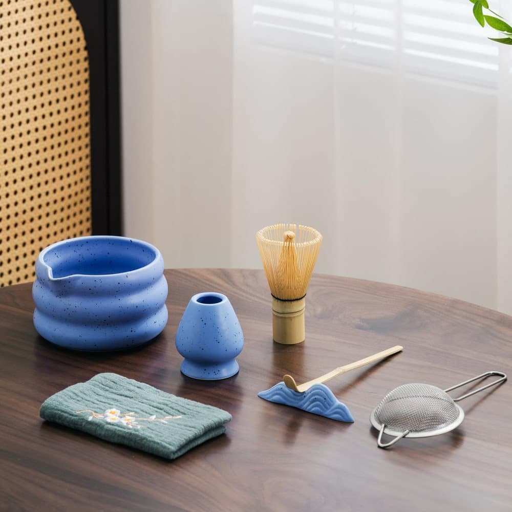 7-Piece Ceramic Matcha Tea Set with Bowl Whisk and Accessories, Blue