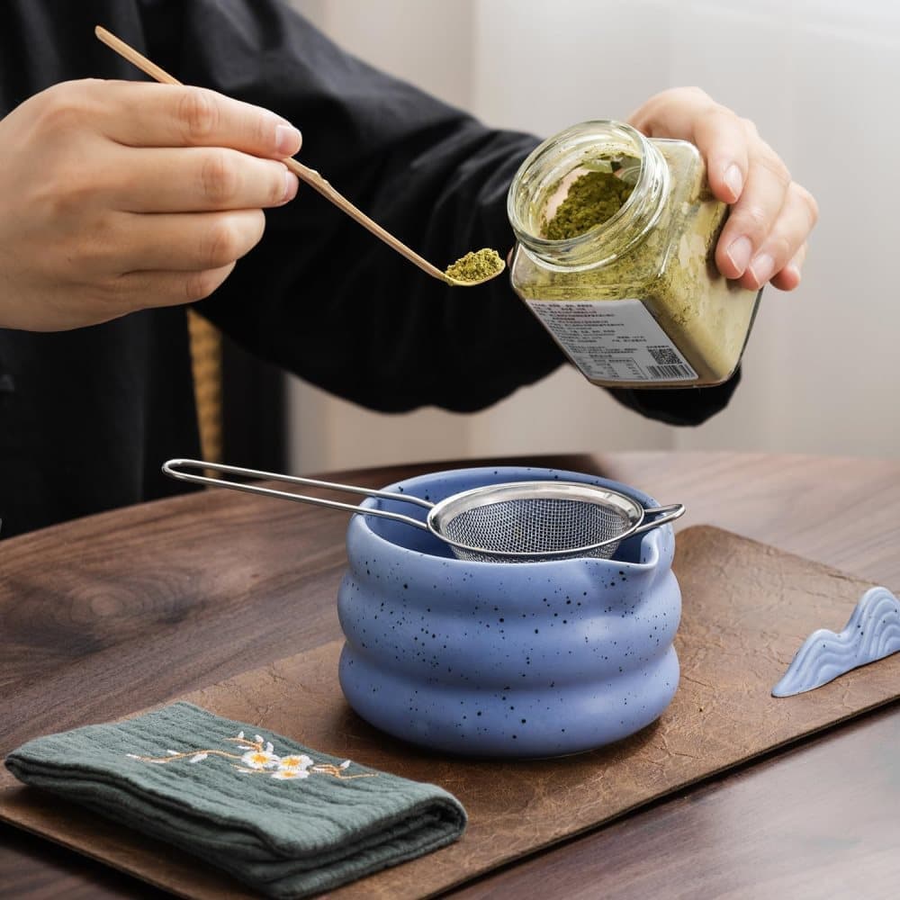 7-Piece Ceramic Matcha Tea Set with Bowl Whisk and Accessories, Blue