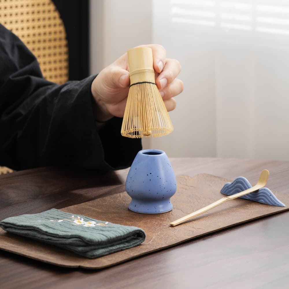 7-Piece Ceramic Matcha Tea Set with Bowl Whisk and Accessories, Blue