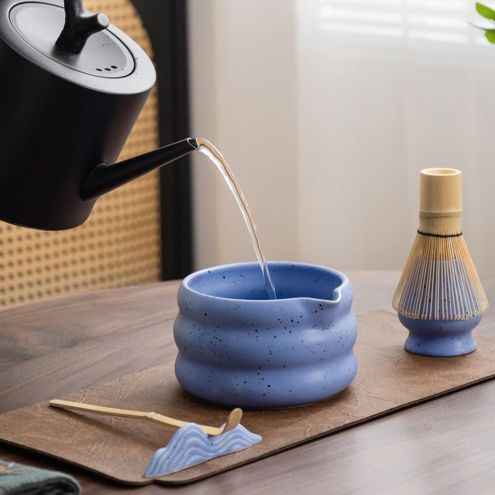 7-Piece Ceramic Matcha Tea Set with Bowl Whisk and Accessories, Blue