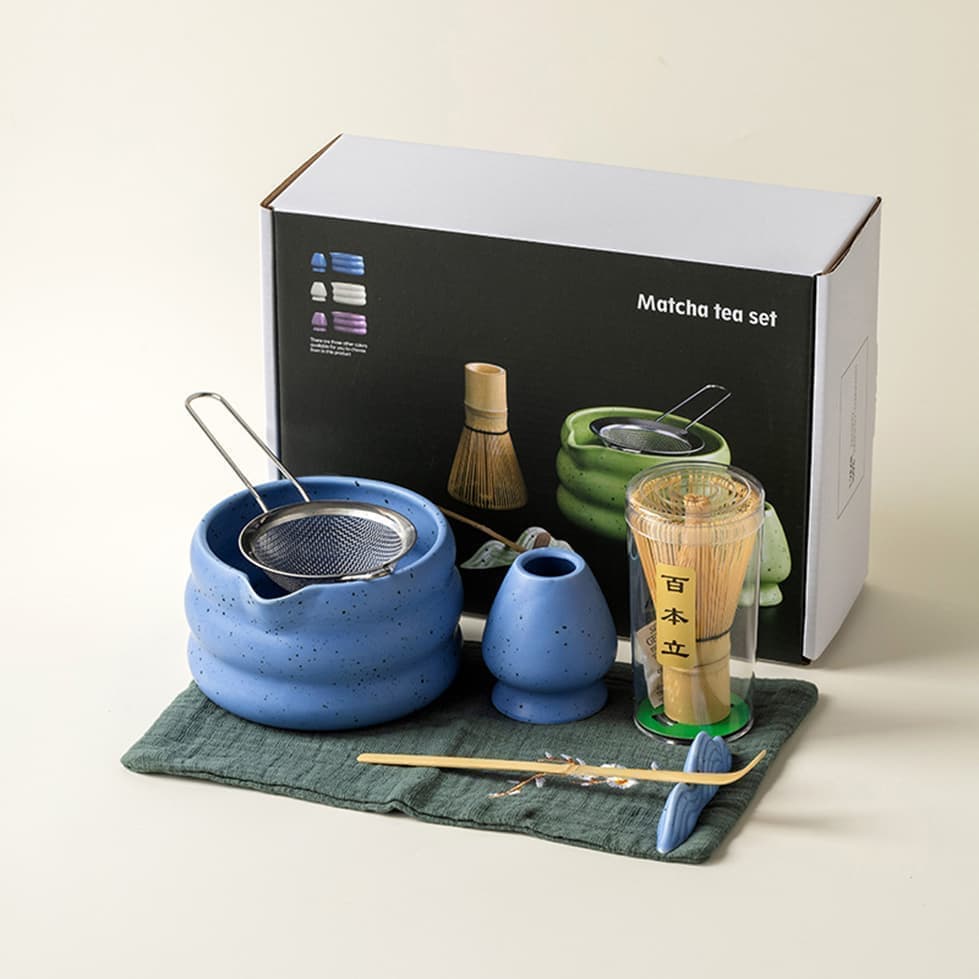 7-Piece Ceramic Matcha Tea Set with Bowl Whisk and Accessories, Blue