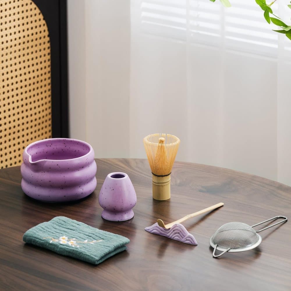7-Piece Ceramic Matcha Tea Set with Bowl Whisk and Accessories, Purple
